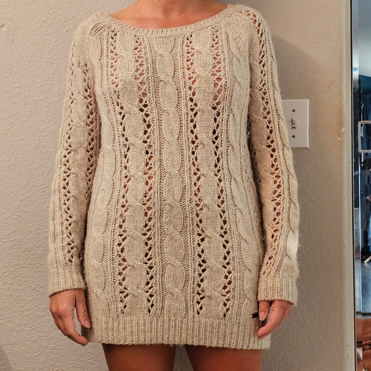 long sleeve crochet sweater dress Abercrombie And Fitch Long Knitted Crochet Sweater Mini Dress Longsleeve  Medium