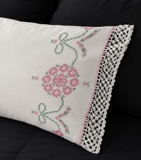 VTG Hand Embroidered Pink Floral Pillowcase Scalloped Lace Trim 20x30 Queen