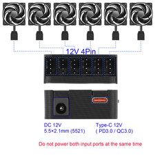 12V 4 Pin PWM Fan Speed Controller PC Fan Hub 6 Fans Supported Powered by Type-C