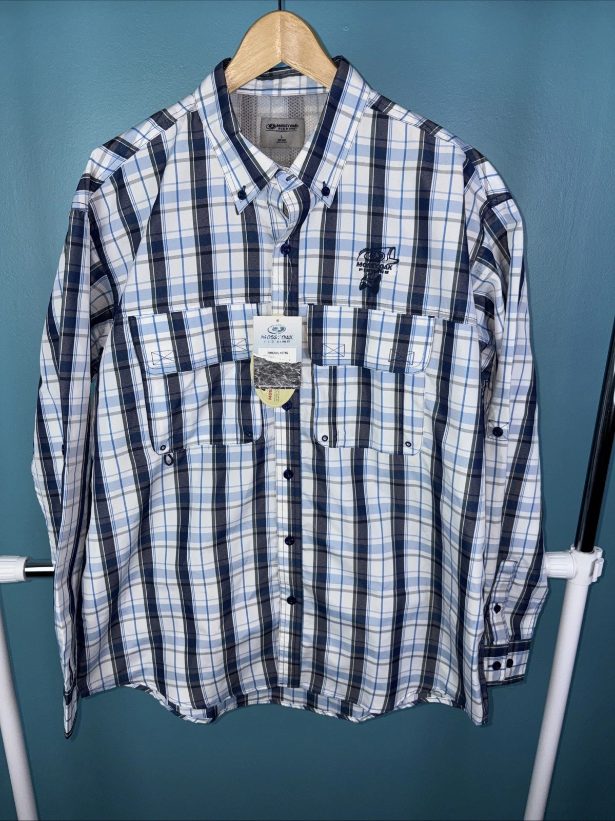 Mossy Oak Fishing Shirt Large Long Sleeve Plaid Blue And White Gorpcore