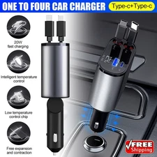 4in1 Retractable Car Charger USB 2 Type-C Cable Fast Adapter For Android Samsung