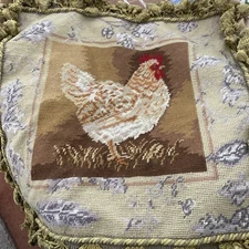 Aubusson Style  Chicken Rooster Needlepoint Pillow Cover New 19” Tassels Tan