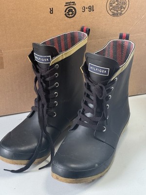 Tommy Hilfiger Navy Lace Up Rain Boots Rubber Duck Boots Women Size 8