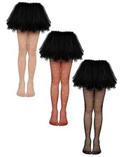 Geyoga 3 Pcs Girls Sparkle Fishnet Tights Medium Black, Nude, Caramel