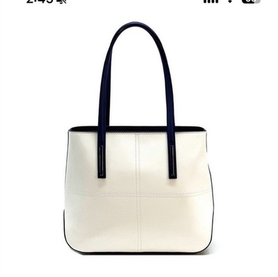 Florence Leather White Navy Tote Zip Shoulder Bag w/ Dust Bag & Brand Card