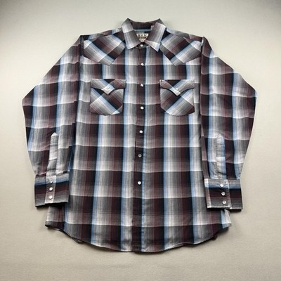 Ely Cattleman Western Shirt Mens Medium Plaid Pearl Snap Long Sleeve Cowboy 90s