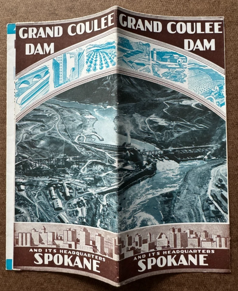 Mapa de colección ca 1935 Grand Coulee Dam & Spokane región de Washington ilustrado Foto 2 de 4