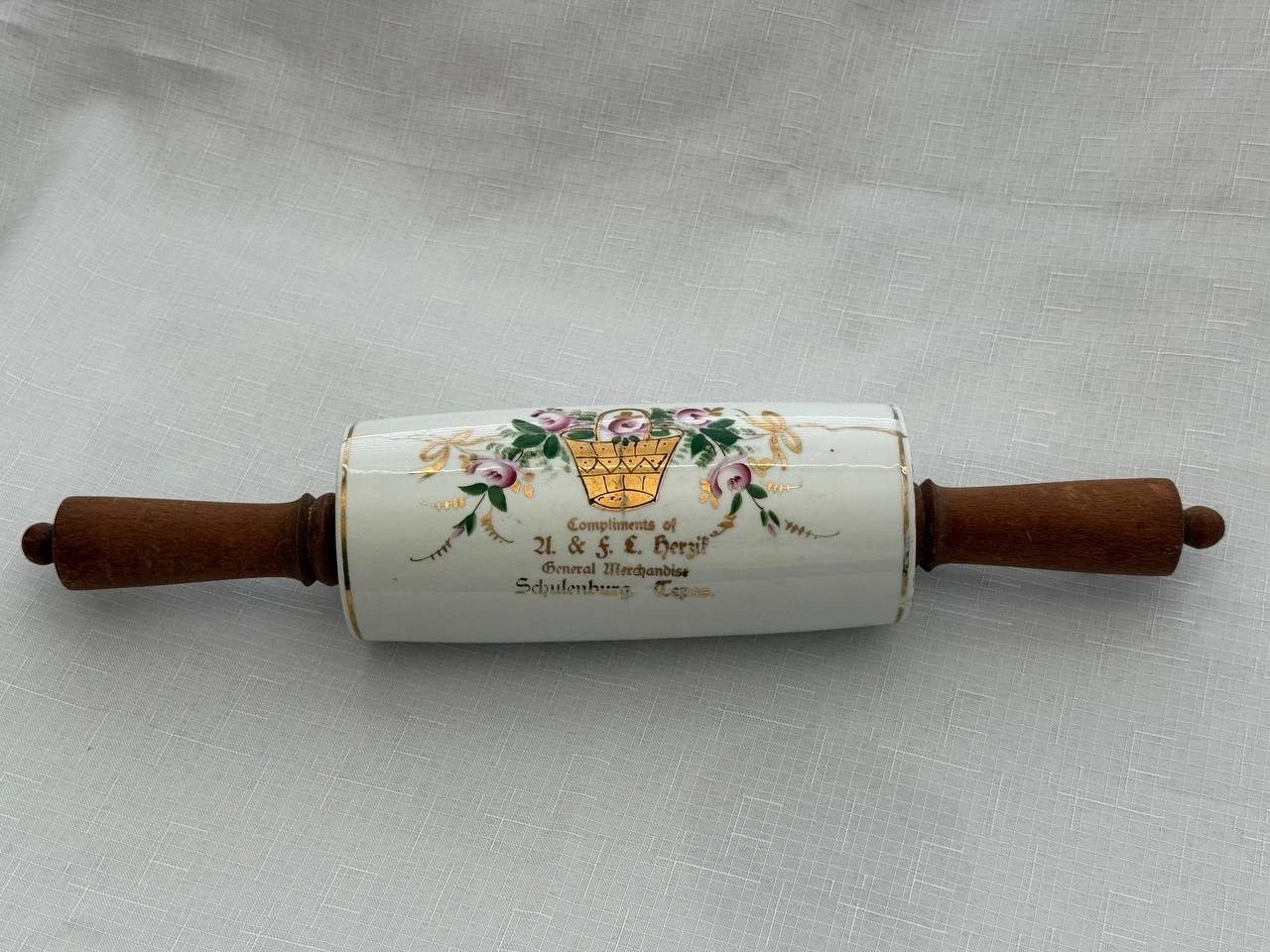 Antique Ceramic Rolling Pin Schulenburg Tx U & FE Herzil? Made in Czechoslovakia