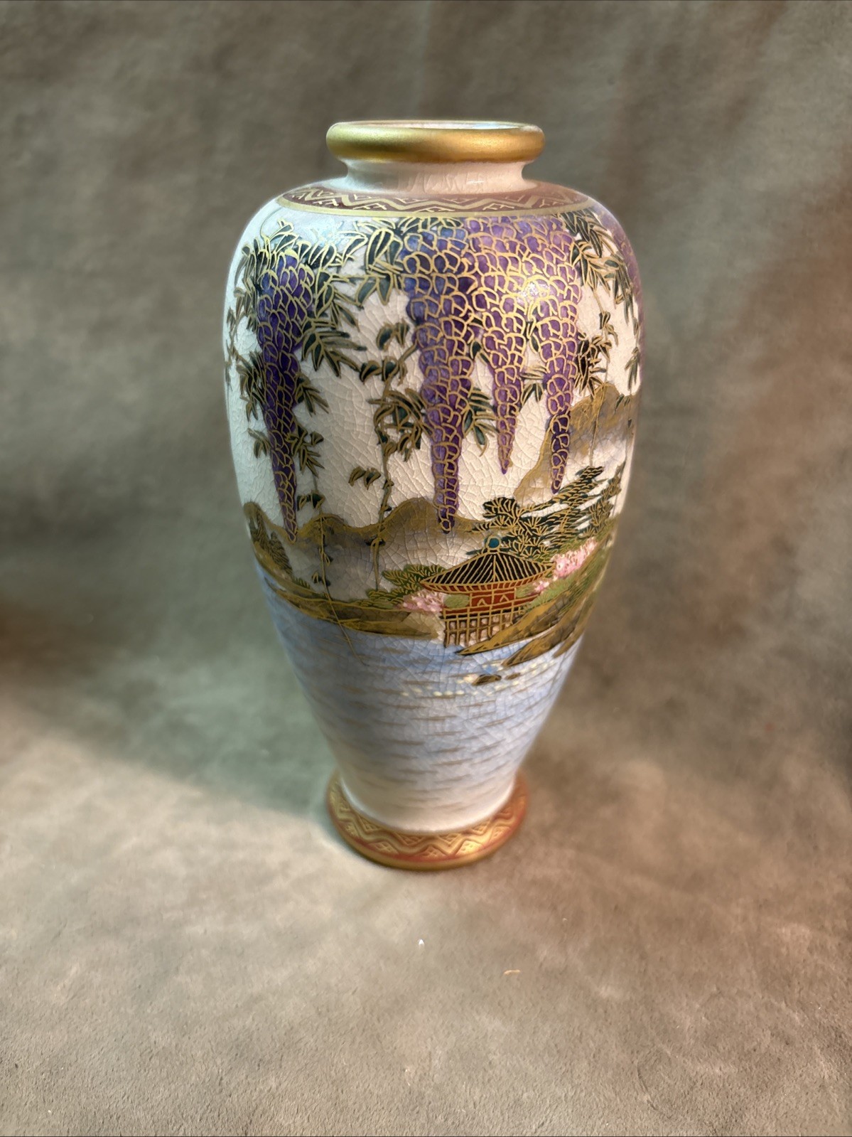 1900 Satsuma Art Pottery Made Japan Hand-Painted Medium Sized Vase W/ Wisteria