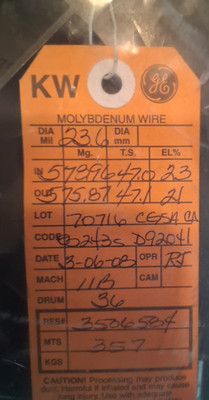 GE Molybdenum Wire 23.6 Mil (0.6mm) KW Grade 357M (1171ft) EDM Wire