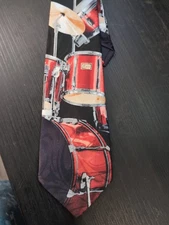 Vintage Mens Black Steven Harris Hand Made Neck Tie Red Drum Set Drums Korea