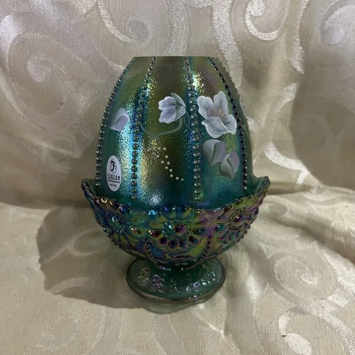 Vintage Fenton Iridescent Beaded Turquoise Fairy Lamp With White Flowers