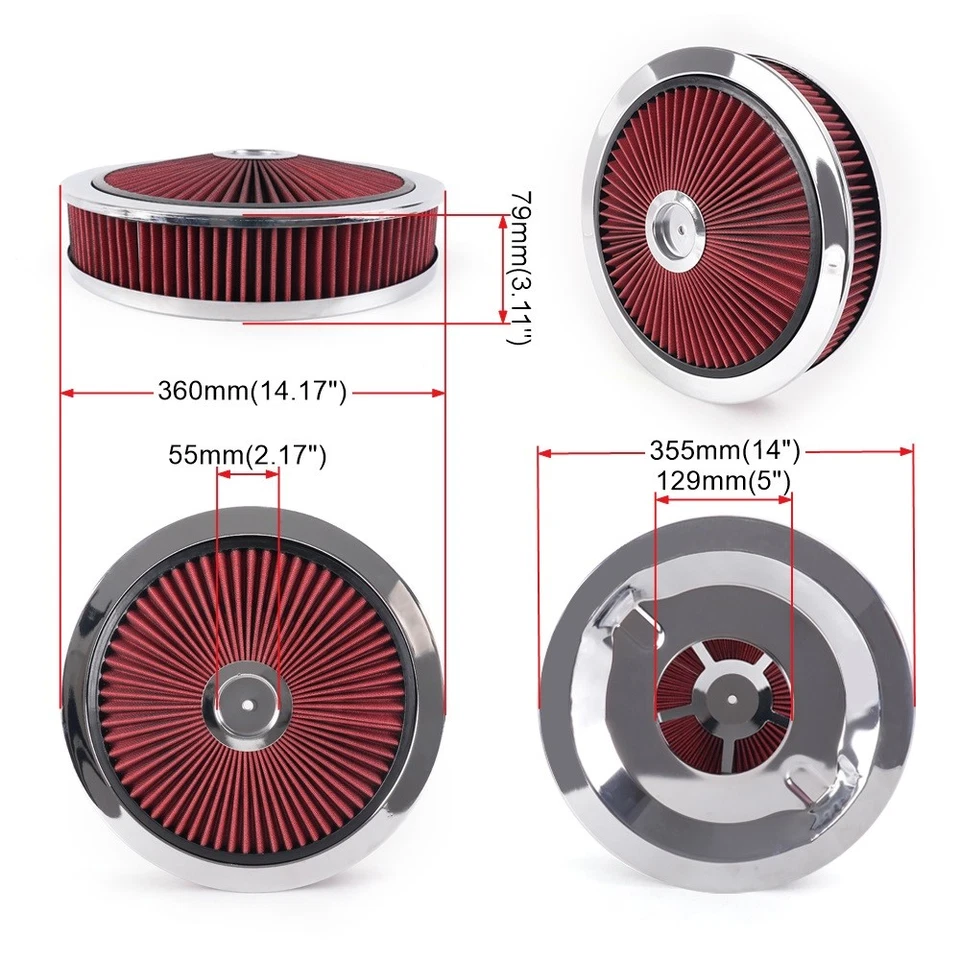 High Flow 14"x3" Red Round Thru Washable Air Cleaner w/ Chrome Lid For SBC BBC - Image 3 of 4