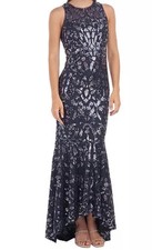 JS Collection Sloane Halter Gown Navy Sequin Mesh Lined Silhouette Stretch Sz 4