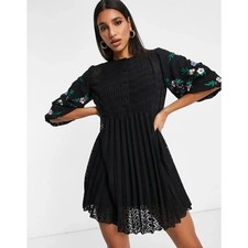 NWOT Asos Design Size 4 Pleated Shirt Dress Floral Embroidered Sleeves