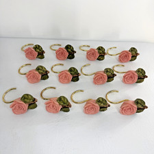 Vintage Ceramic Pink Rose Shower Curtain Hooks Rings Lot of 12 Floral