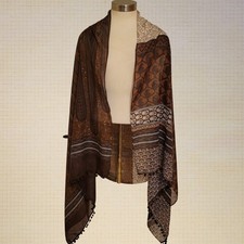 Boho Lightweight Asymmetrical Shawl Scarf Brown Pashmina Ball Trim One Size Fit