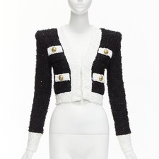 BALMAIN black white metallic tweed 4 pockets cropped blazer jacket FR34 XS