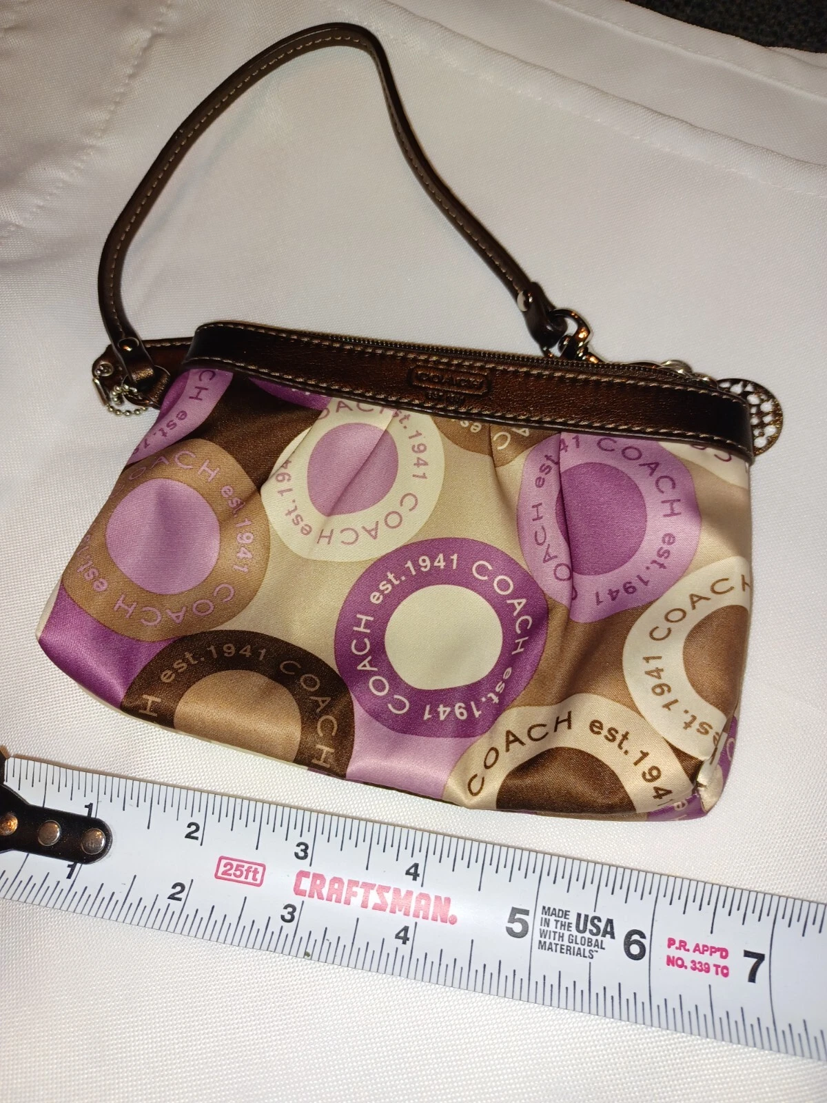 COACH Portafoglio da Polso Portachiavi Firma Cerchi Cerniera Pelle Satinata Charm