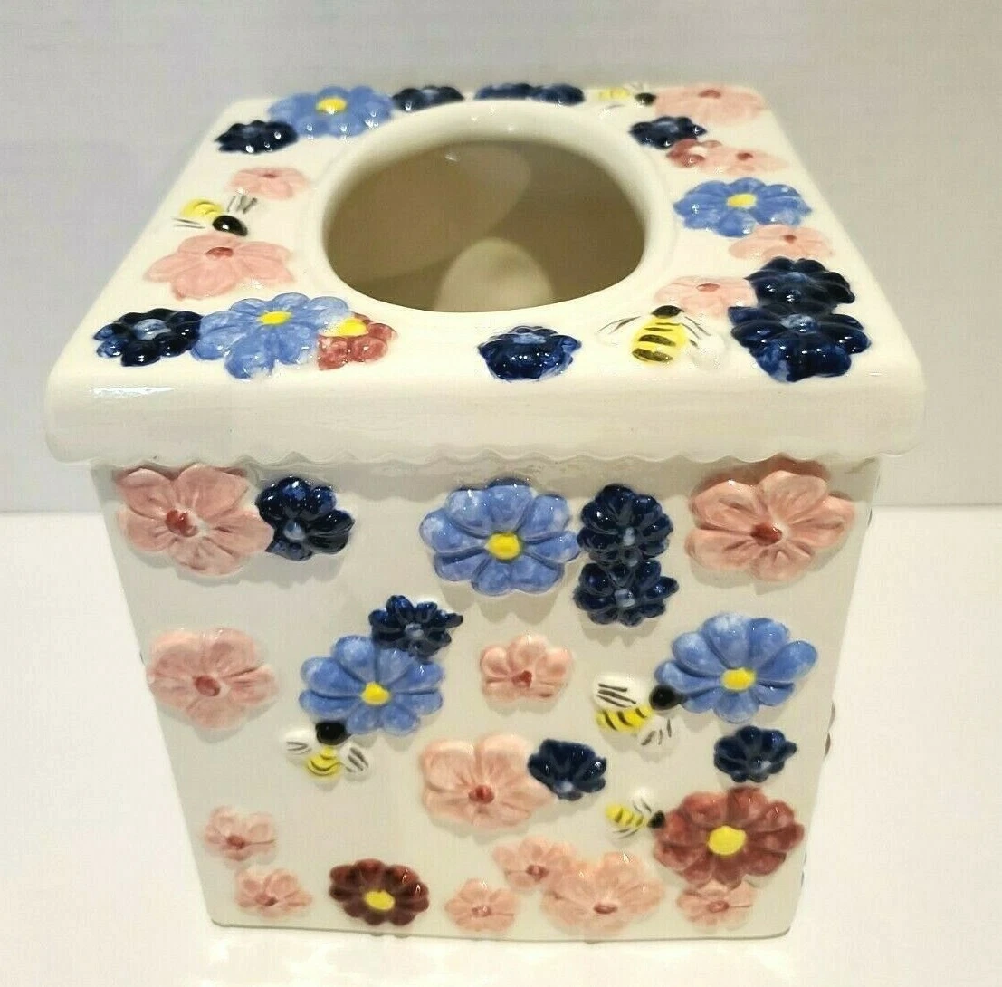 Ceramic Tissue Box Cover Square Flowers Bees Pink Blue Vintage