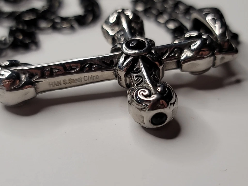 Collar de cadena negra de 22 pulgadas de ágata sintética cruz envejecida de acero inoxidable joyería Foto 3 de 4