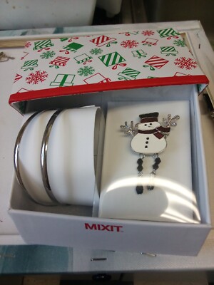 Mixit Christmas gift set enamel snowman brooch dangling legs silver bracelets