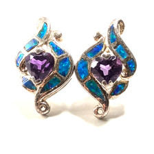 Sterling Silver 925 Cute Heart Amethyst & Blue Fire Opal Inlay Post Earrings 3g