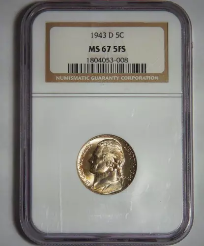 1943-D Jefferson Nickel, NGC Graded MS 67 w 5 Full Steps, Cert. # 6012257-005 