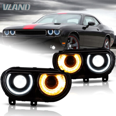 For 08-14 Dodge Challenger Black Projector Headlights w/LED Halo DRL Replacement