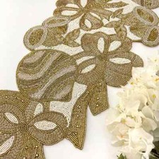 Handmade Christmas table runner, beaded runner, centerpiece cream gold, 13x36inc