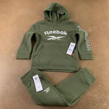 Reebok Boys 2 Piece Fleece Hoodie Pants Set Olive Green Kangaroo Pocket 4 New