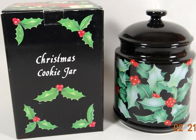 Dunoon Black Cookie Jar Flour Coffee Canister Christmas Holly Vtg 1990 New Mint