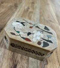 Crowning Touch Mother of Pearl & Gemstone Inlay Hand-Carved Soapstone Box
