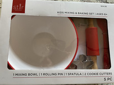 Kids Baking Set Mini 5-piece Red Bowl, Rolling Pin, Spatula, 2 Cookie Cutters