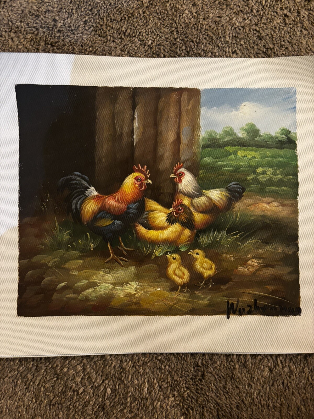 Chickens Bird Real Oil Painting On Canvas Background 9”x11”