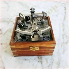 Antique Brass Sextant Maritime Nautical Astrolabe Glasstop Wood Box Collectible