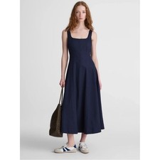 MADEWELL Rylee Midi Dress Size 00 Dark Navy Tencel Blend Squareneck Seamed NWT