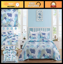 King Size Coastal Quilt Set - Blue Ocean Beach Bedding, Coral Seashell Starfis