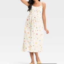 Universal Thread Women White Sea Life Shell Print Smocked Midi Dress NWT Medium