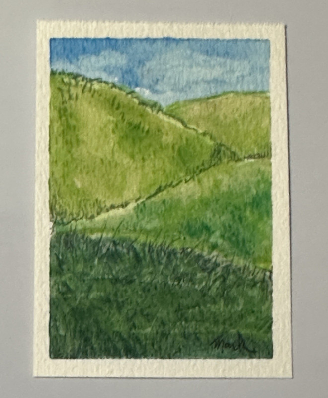 ACEO “Fields of Green”  Original signed Watercolor Landscape Hills mixed media
