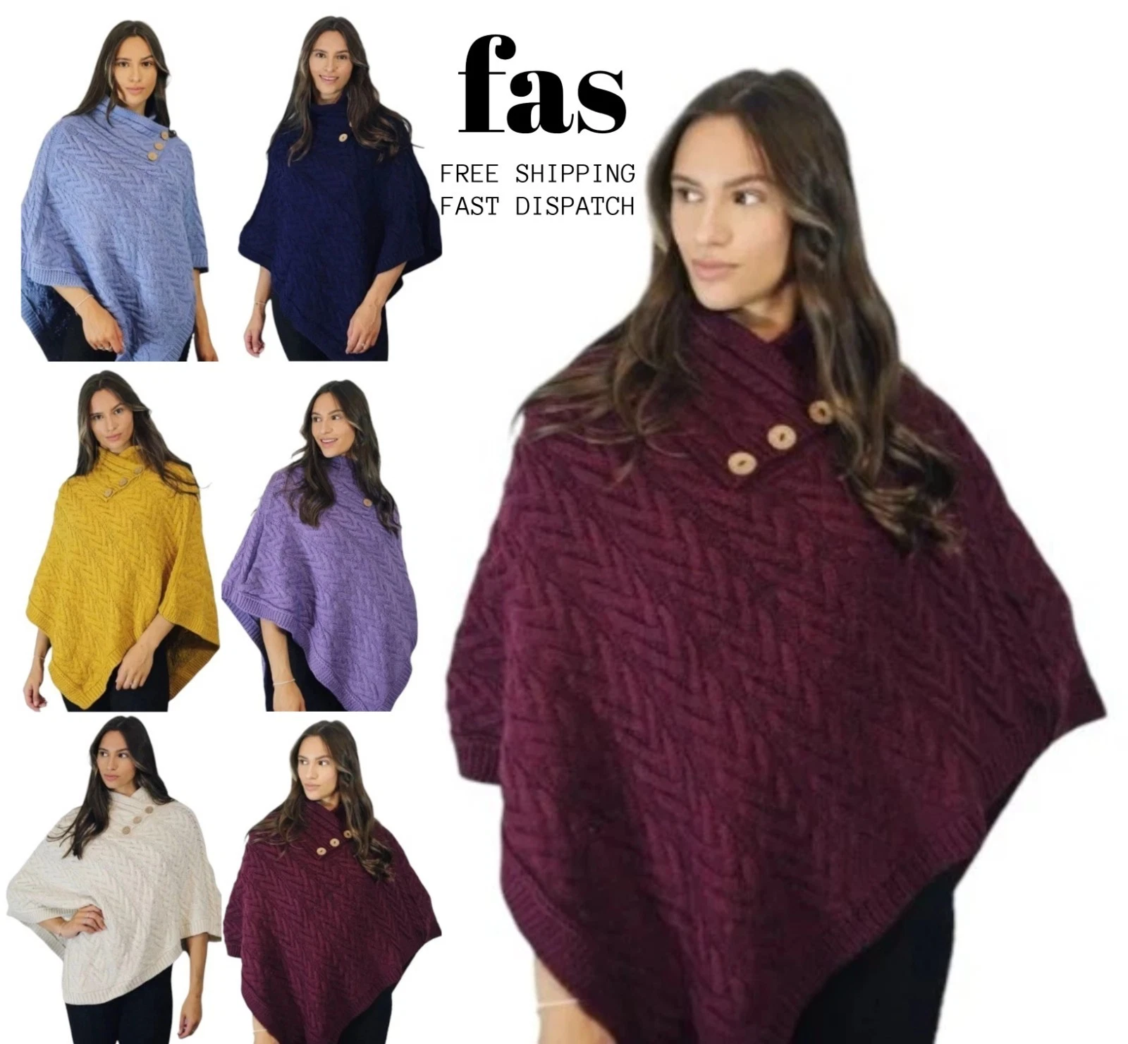 Womens Aran Cable Knit Poncho 3 Button Ladies Wrap Warm Winter Cape Shawl Jumper
