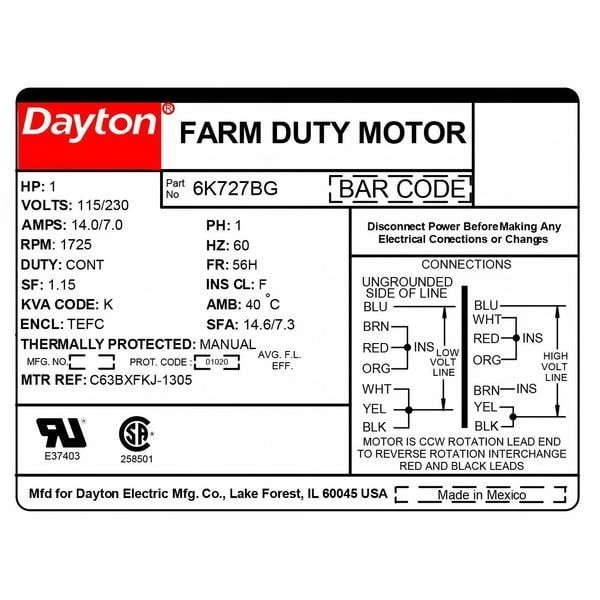 Dayton 6K727 High Torque Farm Duty Motor, Capacitor-Start, 1 Hp, 115/230V Ac, - Image 2 of 3