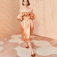 Ulla Johnson Metalic Satin Midi Dress 00 Copper Tulip Hem Off Shoulder New Money