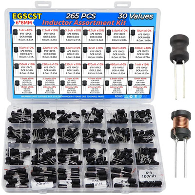 30 Values 265 PCS Inductor Assortment Kit from 1Uh to 100Mh 6 * 8Mm DIP Radial P