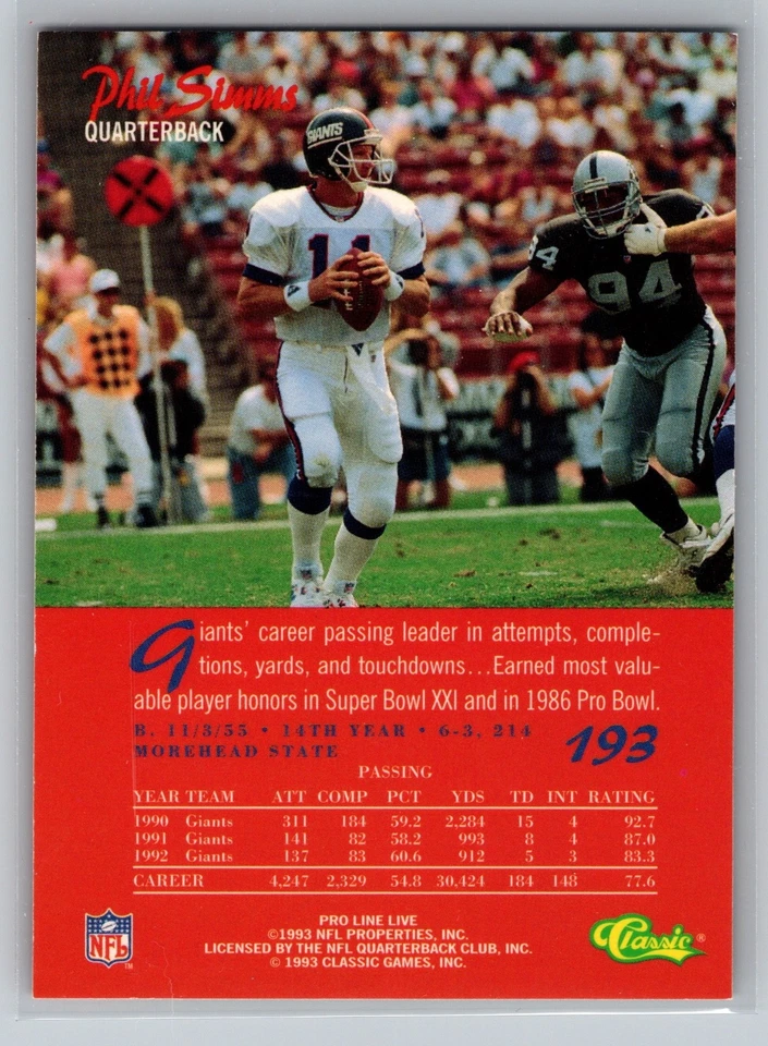 1993 Classic Pro Line Live - Phil Simms #193 - Image 2 of 2