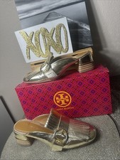 TORY BURCH Kiltie Gold Metallic Leather Heels Mules Logo With Box Size 6.5M VGUC