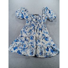 Mary & Mo Women Floral Smocked Mini Dress Blue White M Puff Sleeve