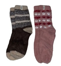 UGG Socks Crew Brown Tan Red Fuzzy Floral Nordic 2 Pair Soft Warm Medium NEW