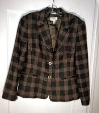 Talbots 2 Button Wool Blend Blazer Jacket Plaid Brown Green 14P. c462