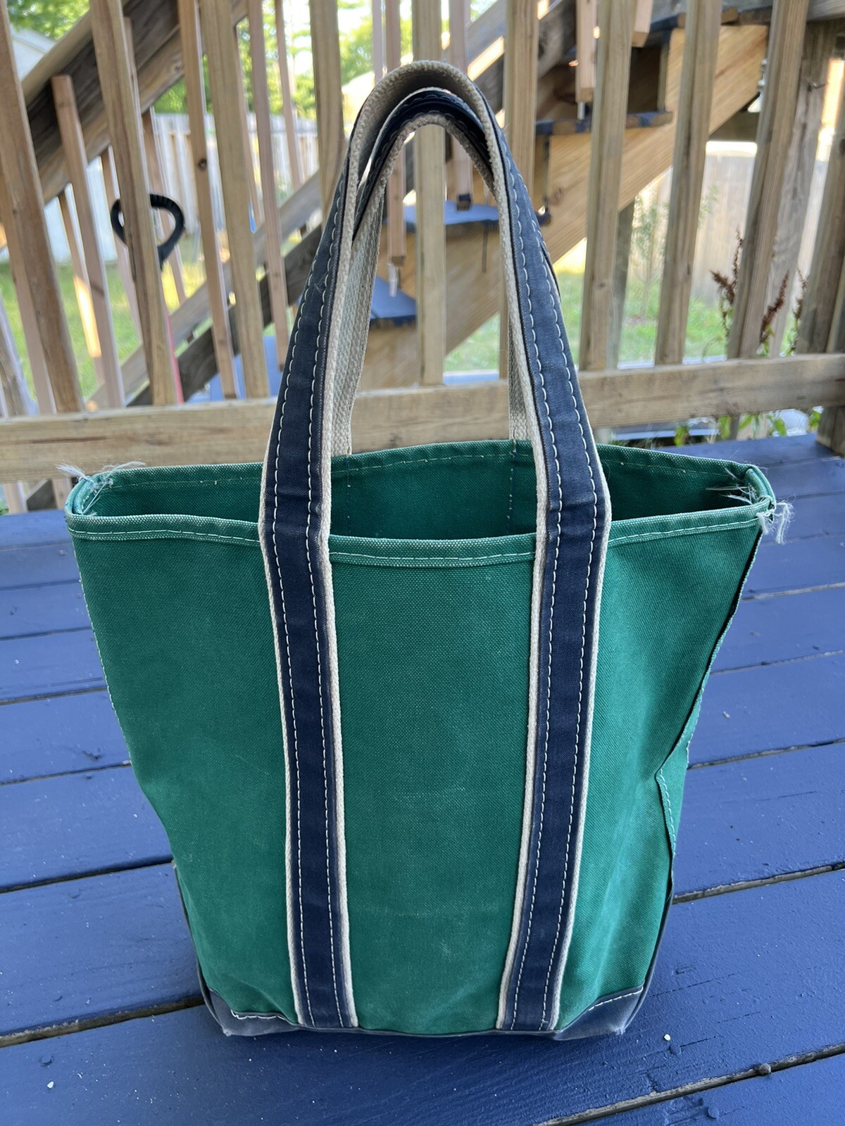 Vintage LL Bean Boat Tote Bag Script Tag Green Cream Canvas